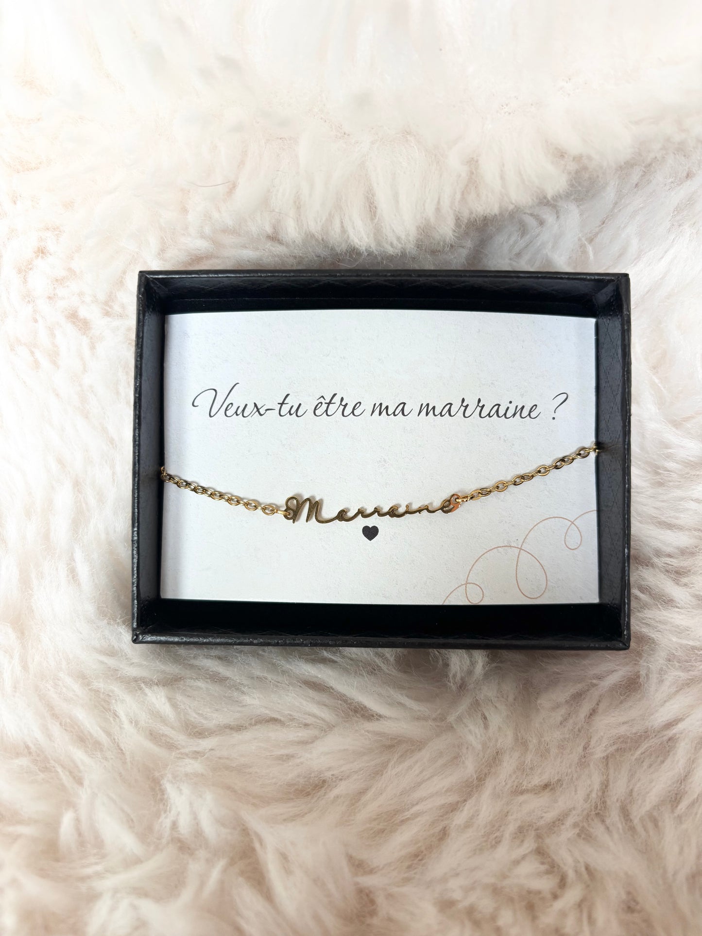 🌸 Bracelet écriture d’annonce – “Veux-tu être ma marraine ?”