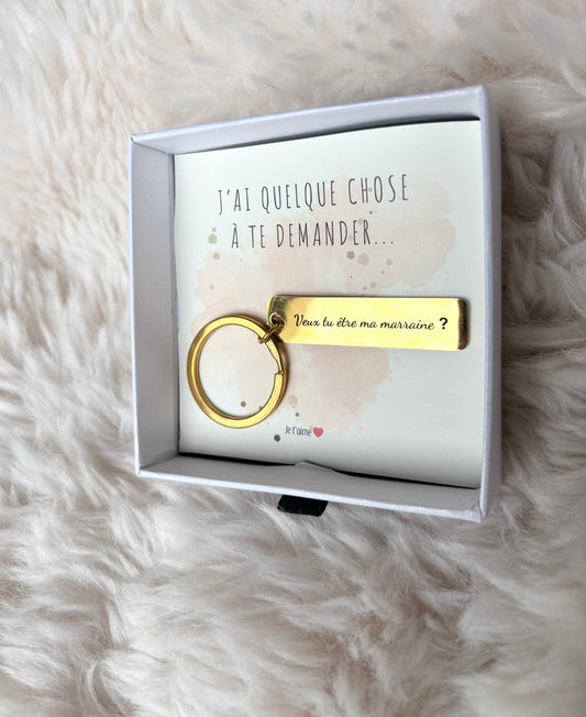 💫 Porte-clés d’annonce “Veux-tu être ma marraine ?” – Modèle rectangulaire doré