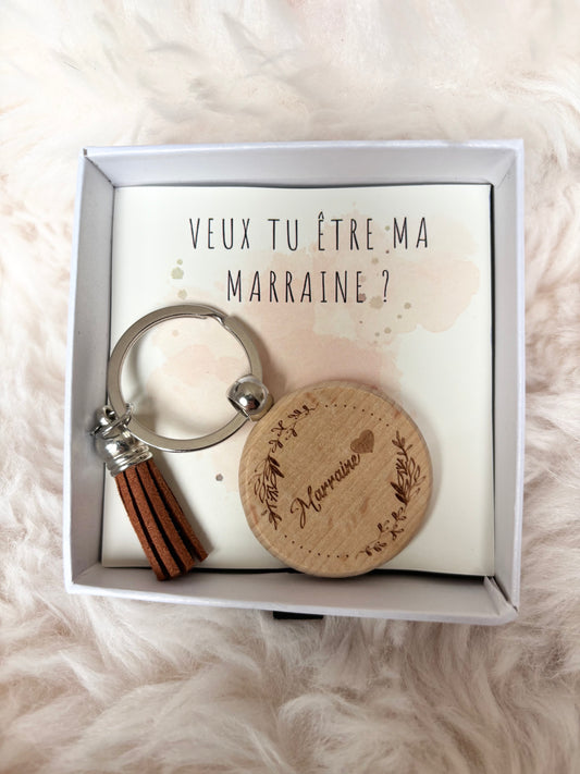 🍃 Porte-clés d’annonce “Veux-tu être ma marraine ?” – Bois naturel gravé