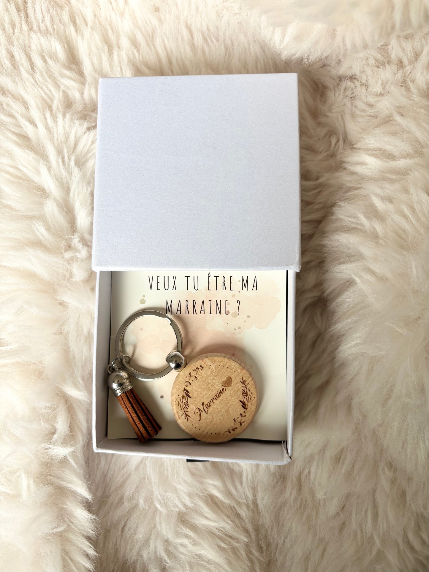 🍃 Porte-clés d’annonce “Veux-tu être ma marraine ?” – Bois naturel gravé